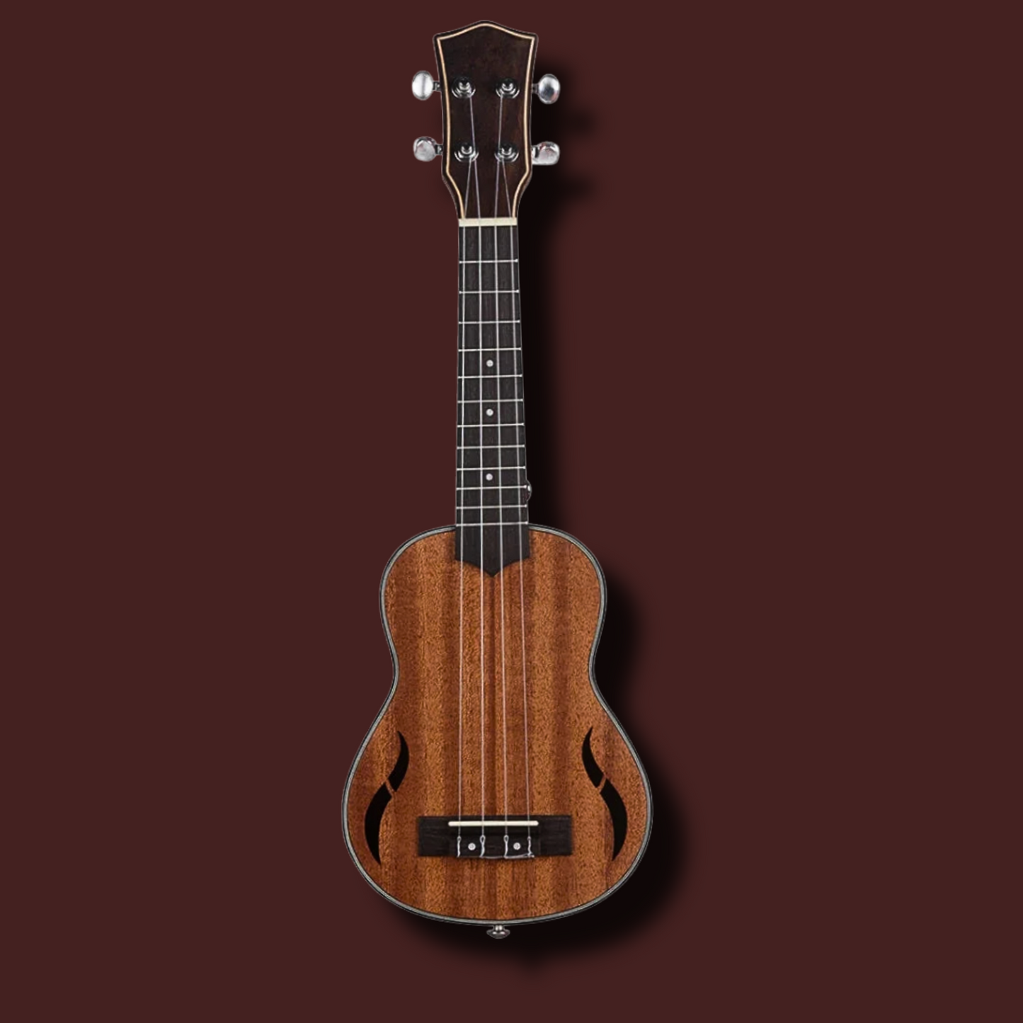 Wooden ukulele on a dark brown background